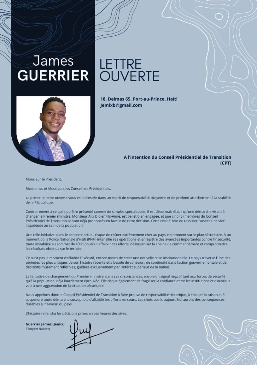 Lettre ouverte au CPT : James Guerrier appelle à la retenue face à la crise politique